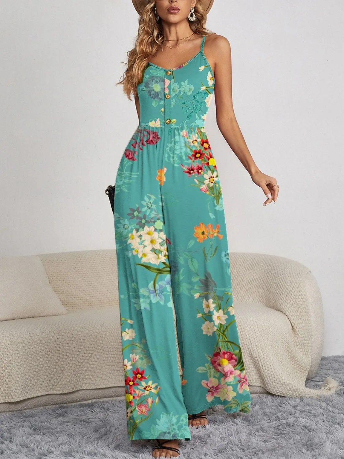 4 Floral Spaghetti Strap Wide Leg Jumpsuit