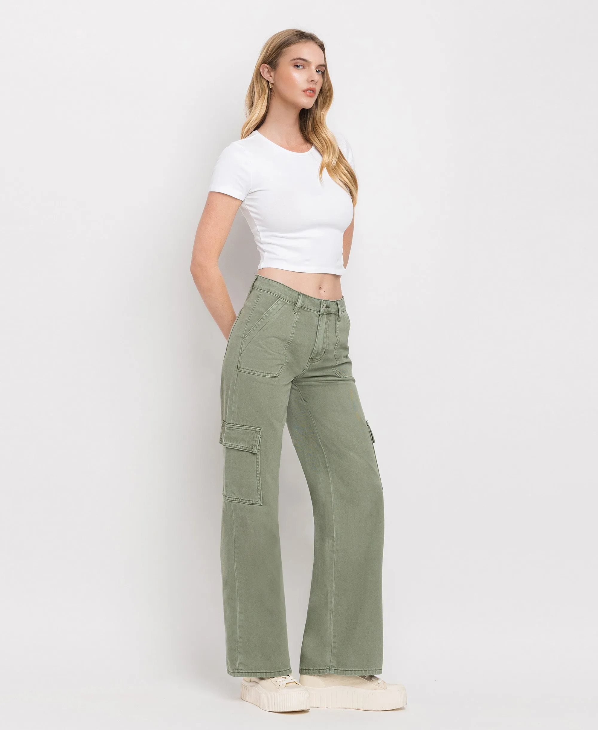 Army Green - High Rise Utility Cargo Wide Leg Jeans