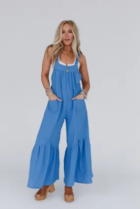 Bethany Wide Leg Ruffle Jumpsuit - Blue