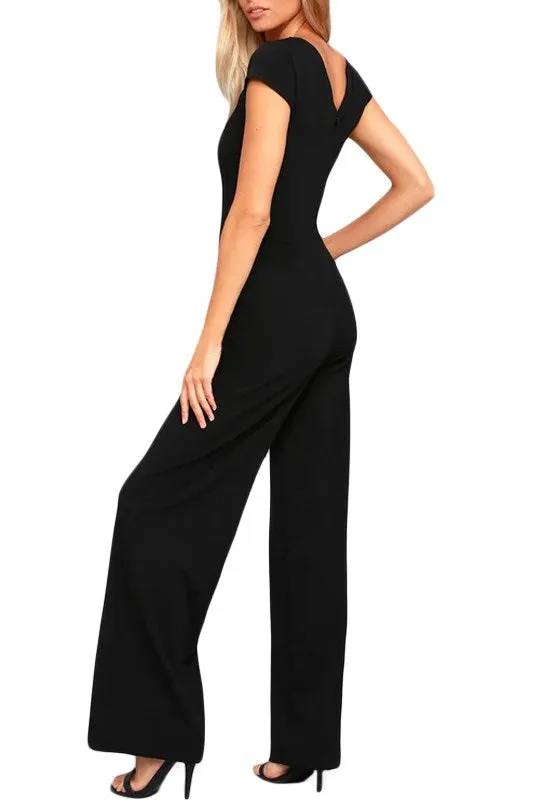 Black Daily Fashion Short Sleeve Wide Leg Jumpsuit