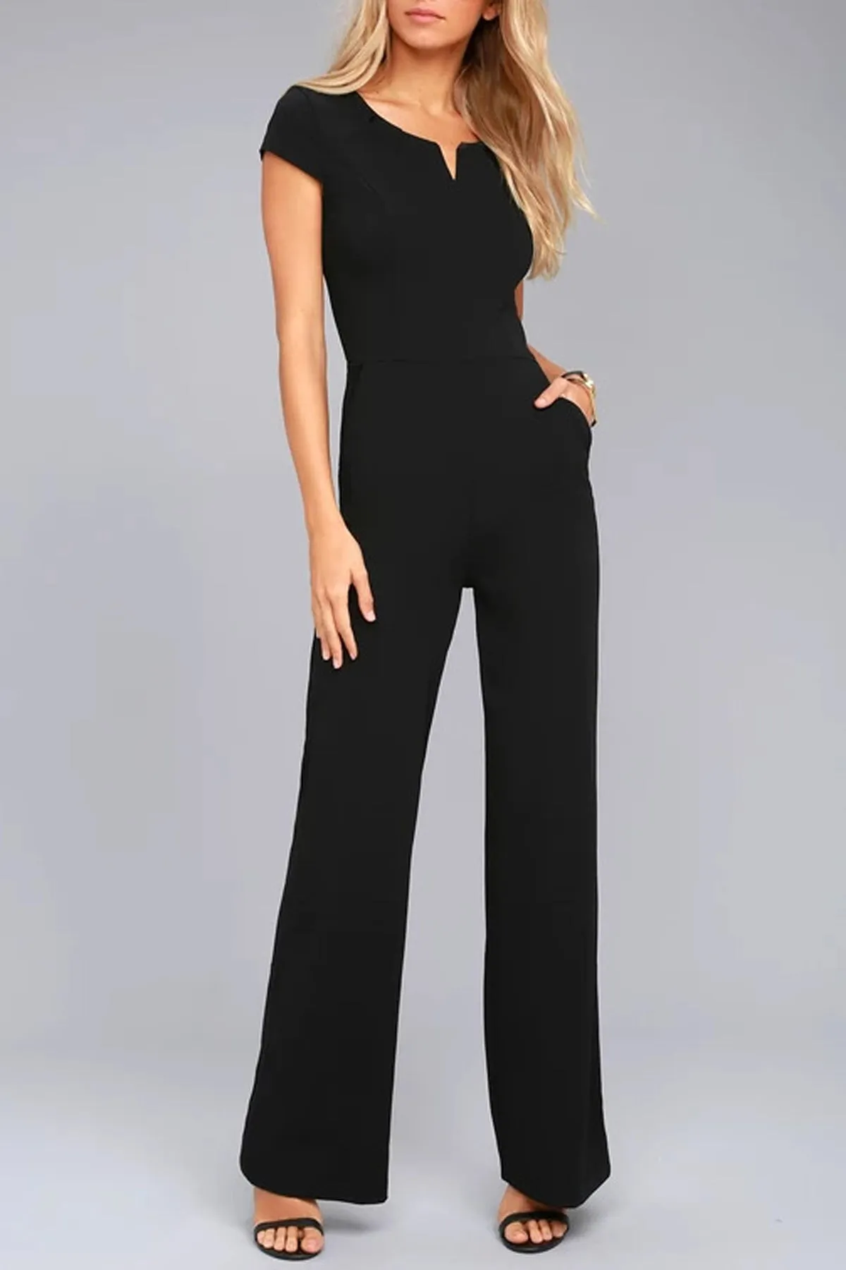 Black Daily Fashion Short Sleeve Wide Leg Jumpsuit