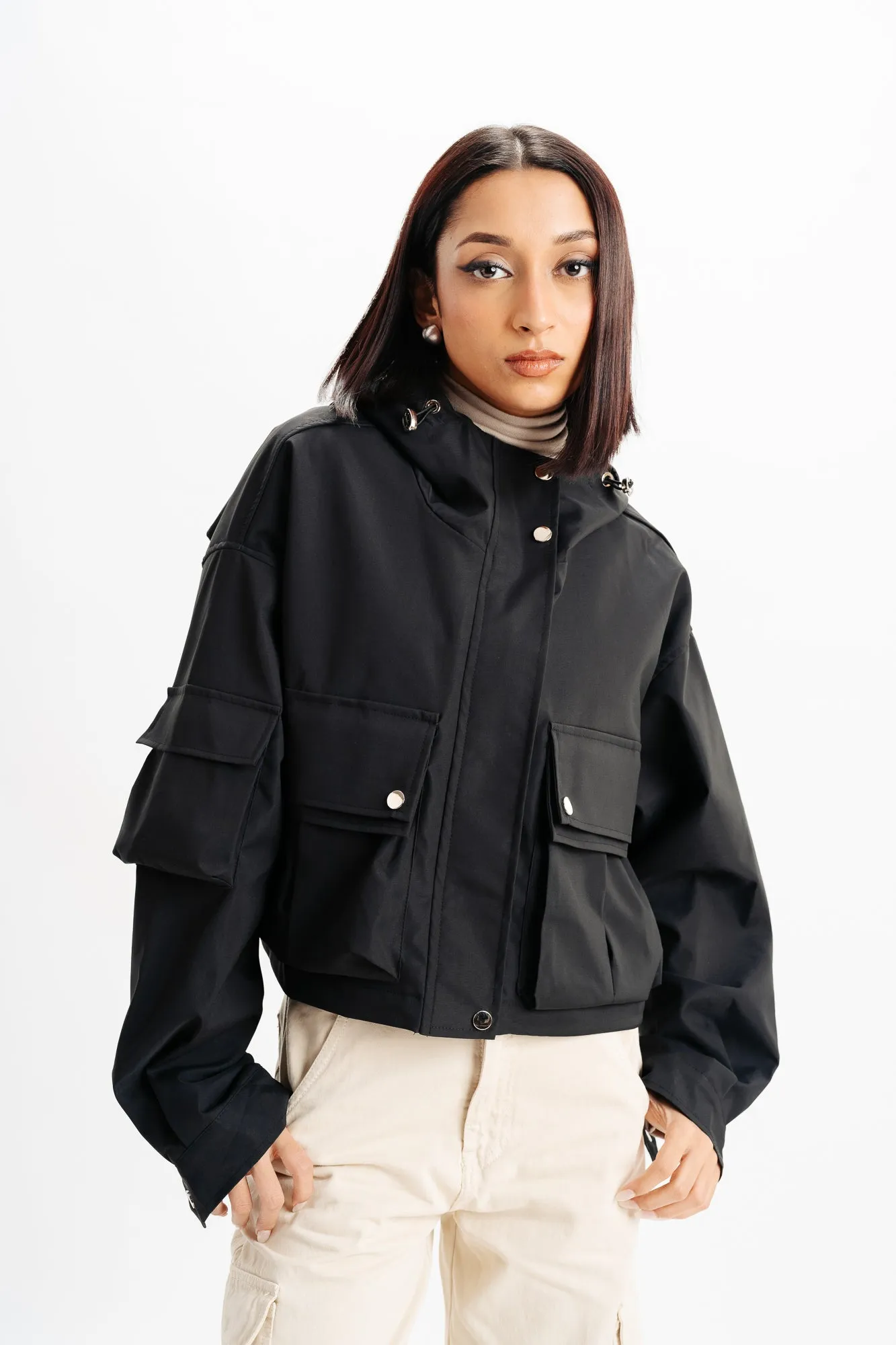 Black Hood Cargo Pocket Jacket