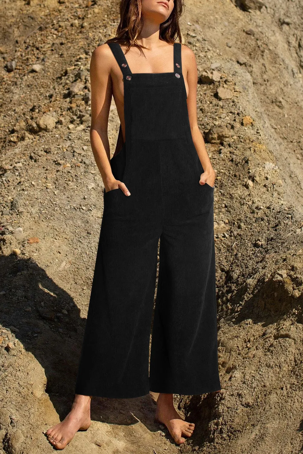 Black Solid Color Corduroy Wide Leg Bib Overalls