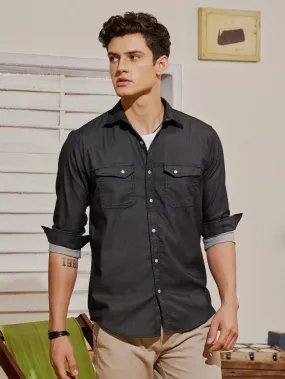 Black Stretch Denim Cargo Shirt