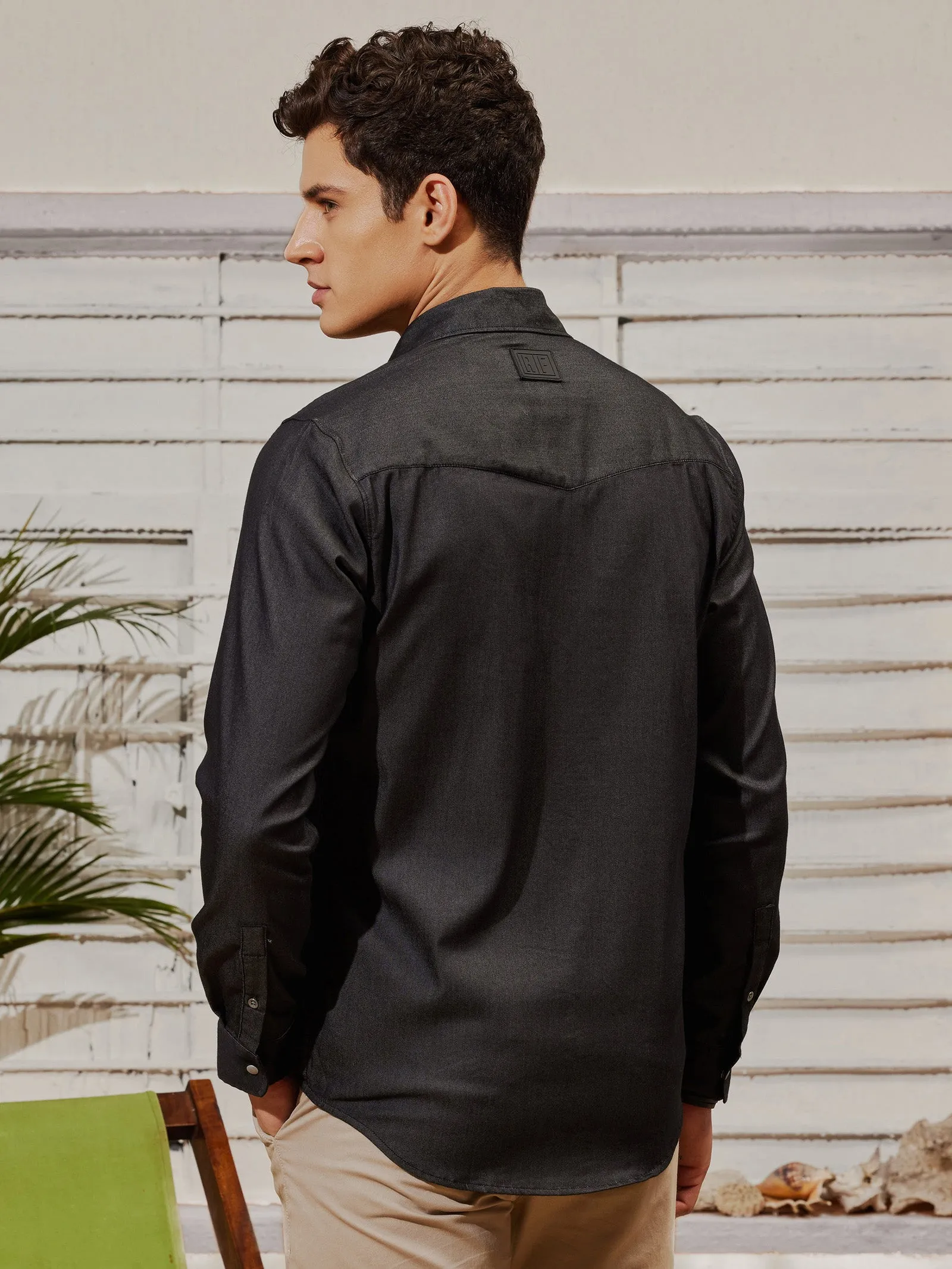 Black Stretch Denim Cargo Shirt