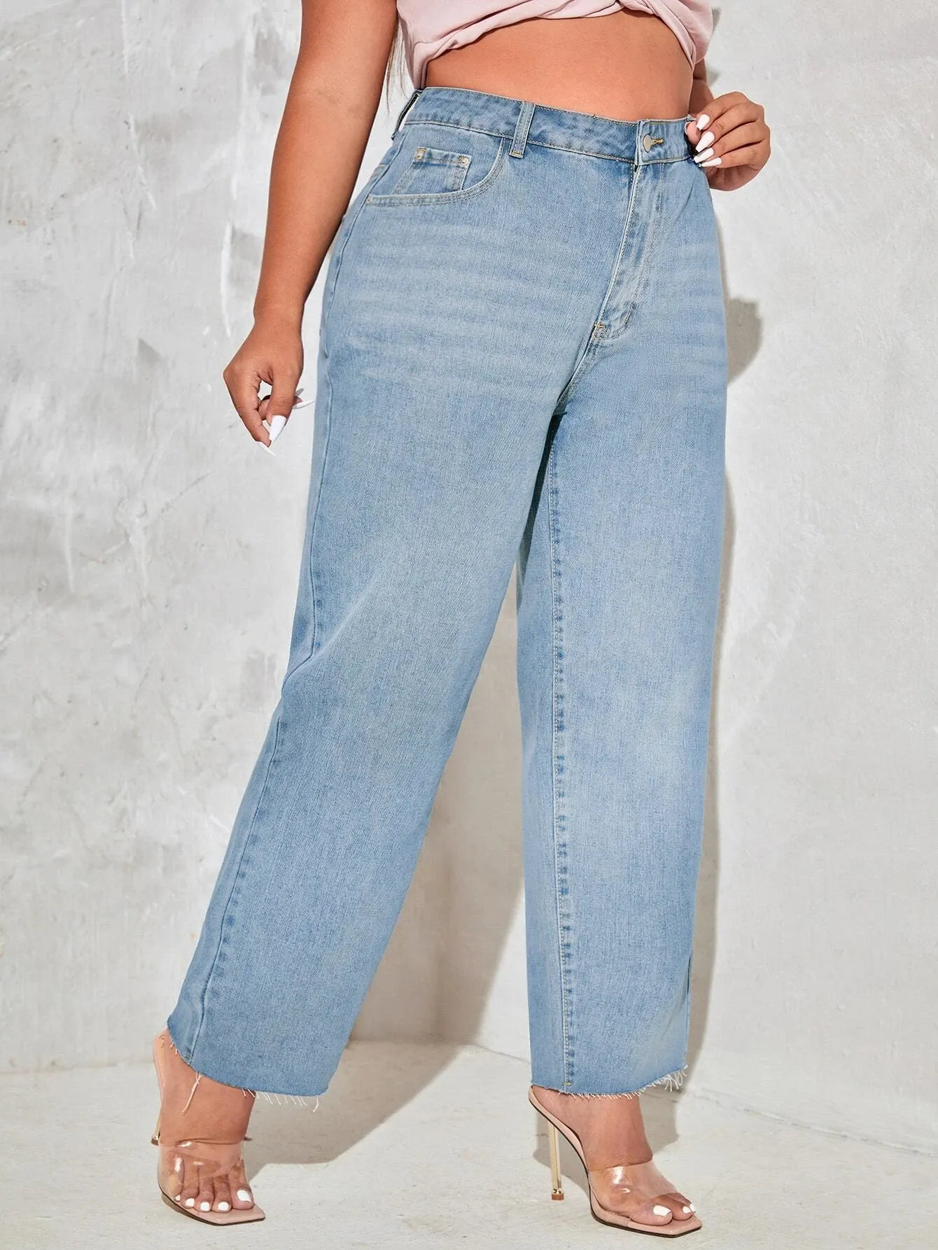 Blue Raw Hem Wide Leg High Waist Plus Size Jeans