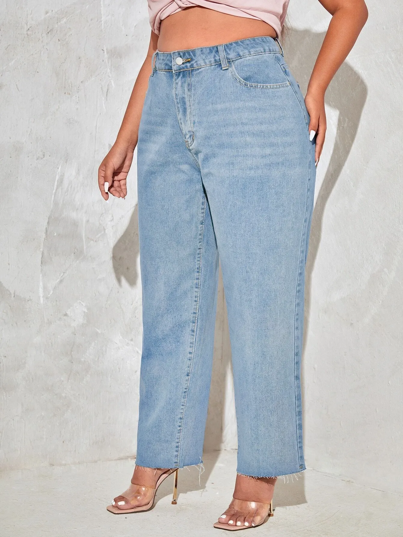 Blue Raw Hem Wide Leg High Waist Plus Size Jeans