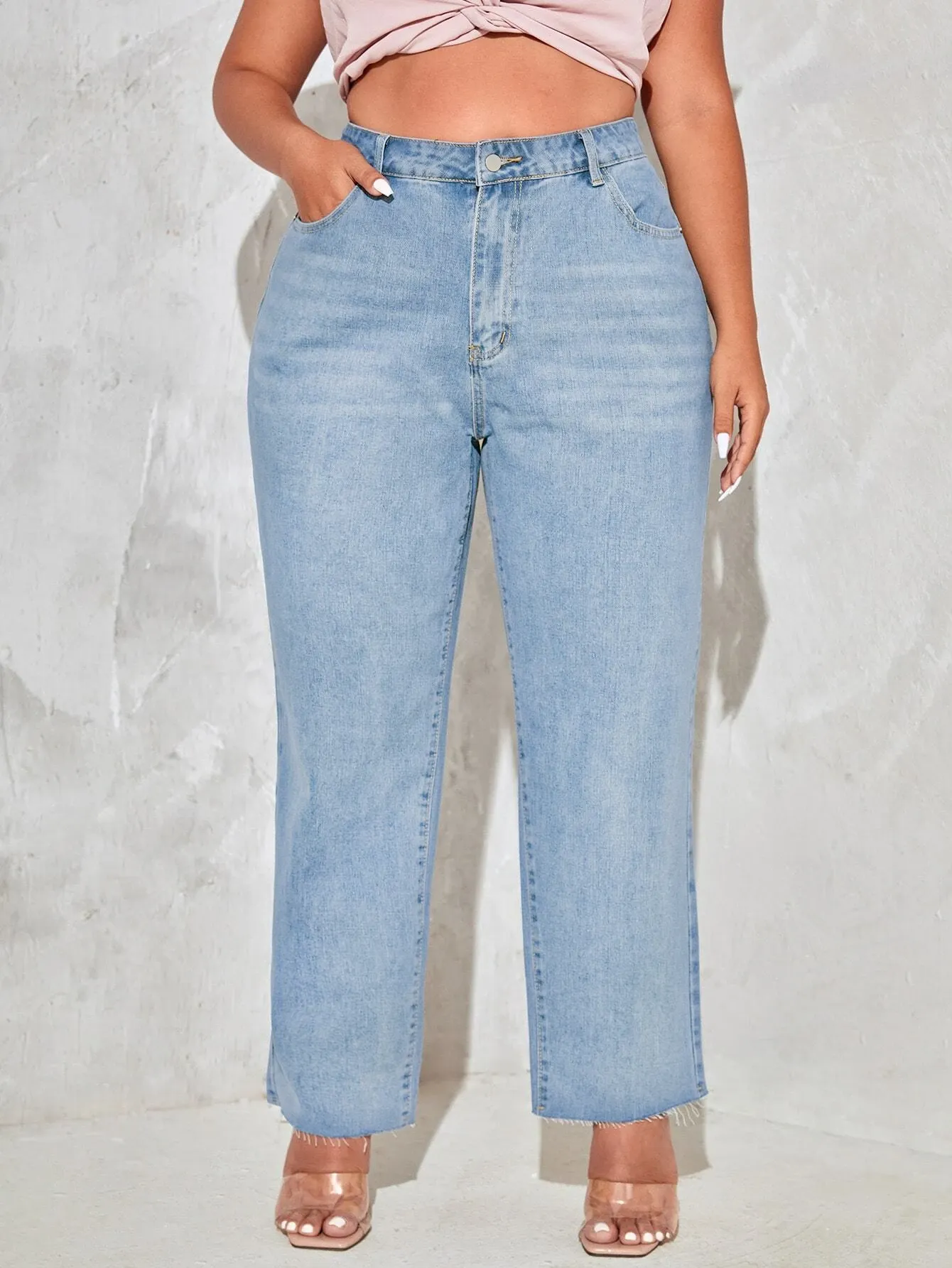 Blue Raw Hem Wide Leg High Waist Plus Size Jeans