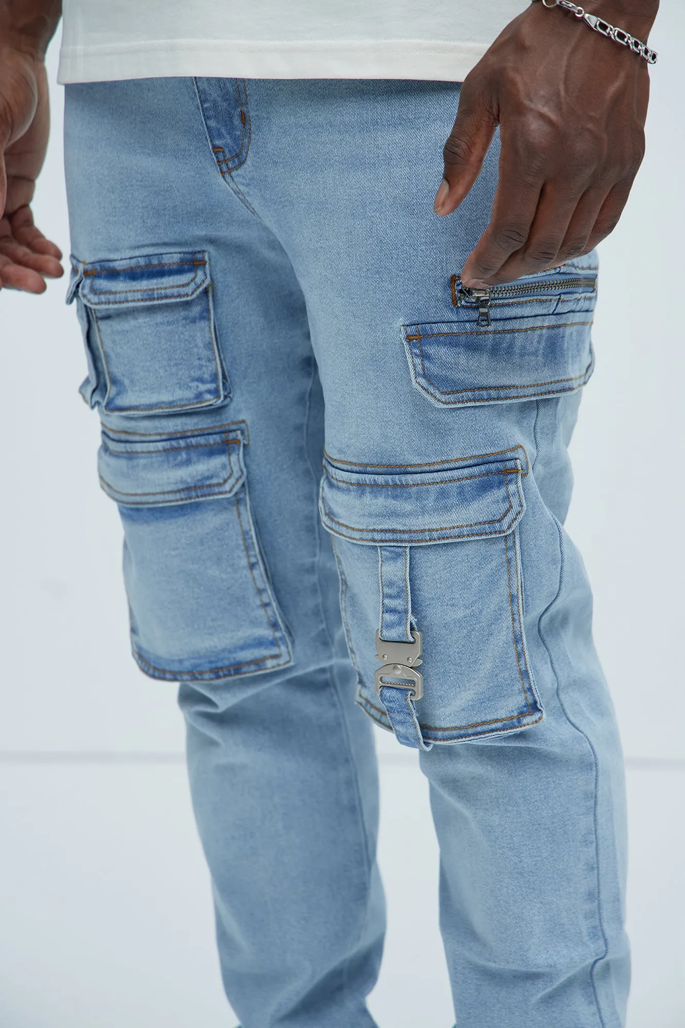 Cargo Pocket Slim Taper Jeans - Light Blue Wash