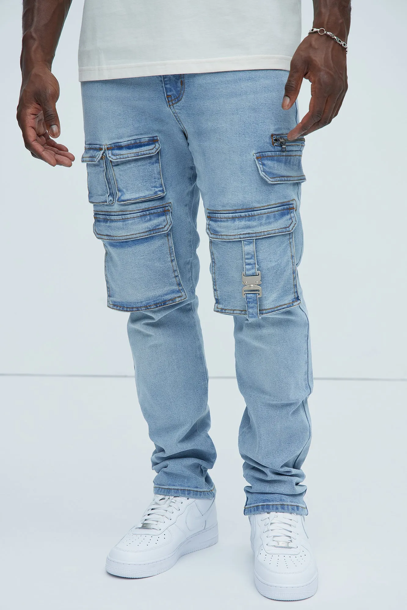 Cargo Pocket Slim Taper Jeans - Light Blue Wash