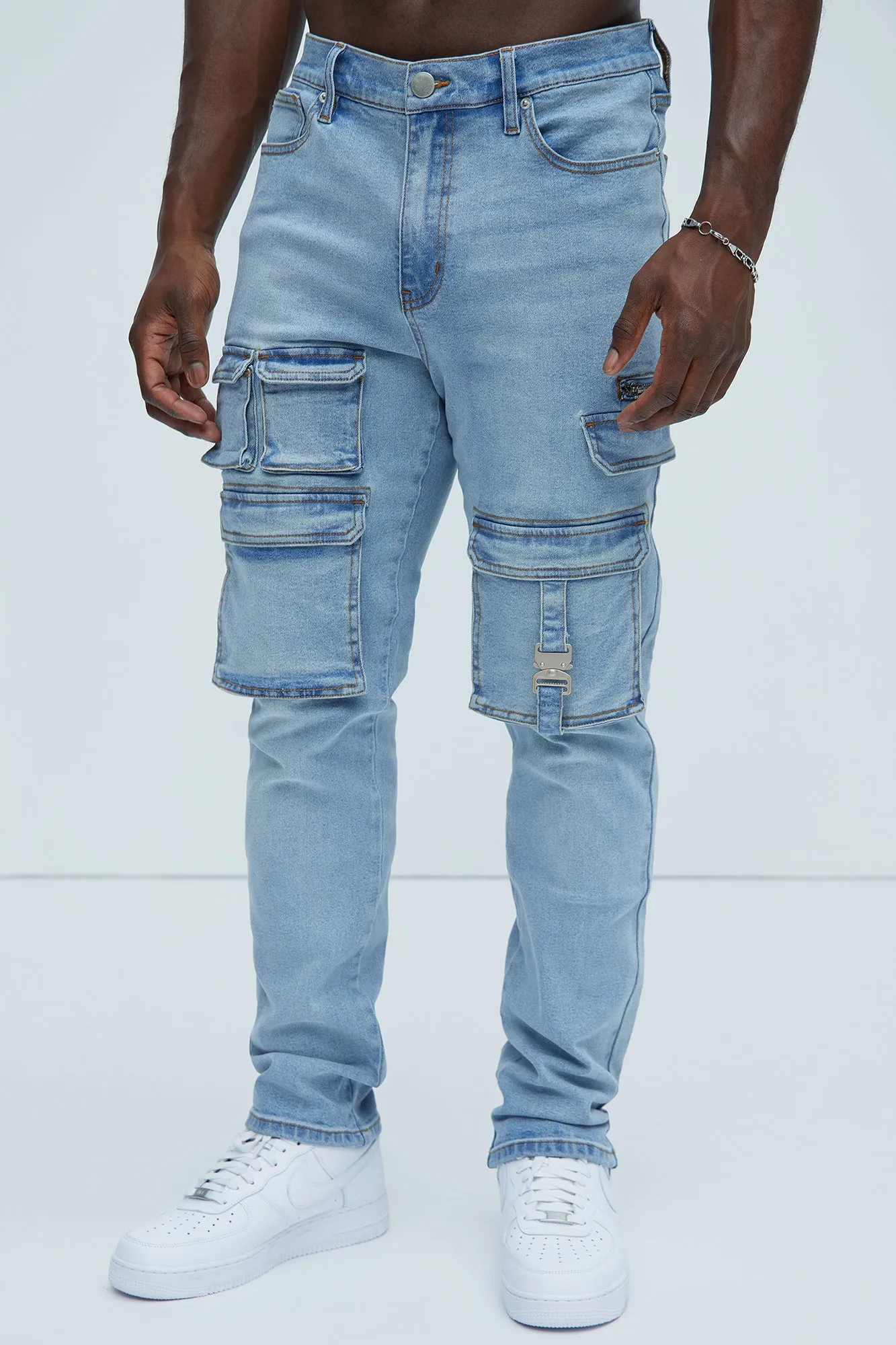 Cargo Pocket Slim Taper Jeans - Light Blue Wash