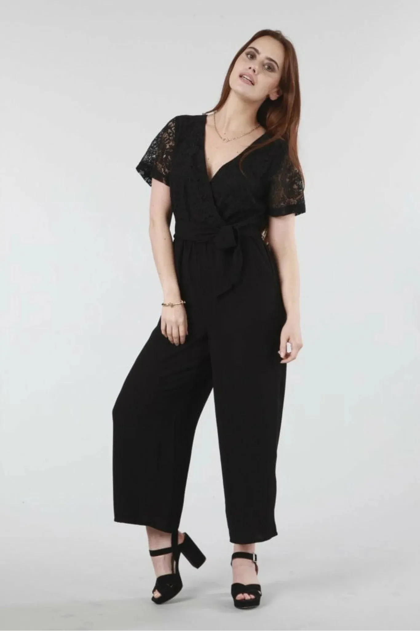 Double Second Black Lace Wrap Wide Leg Jumpsuit