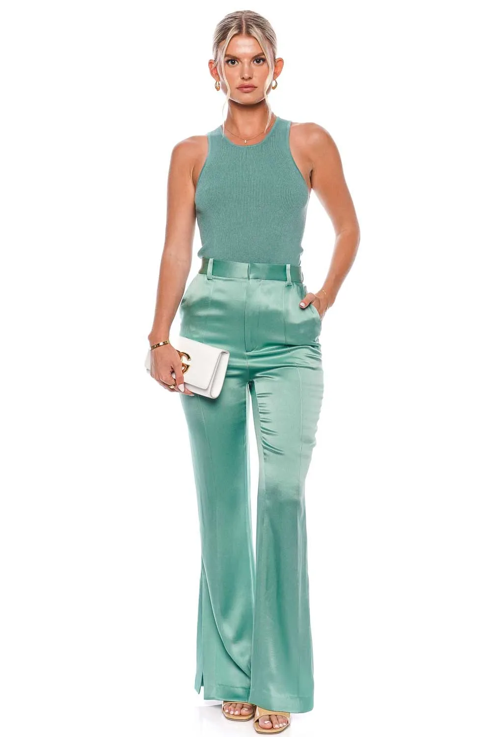 Doubleface Satin High Waisted Flare Leg Pant