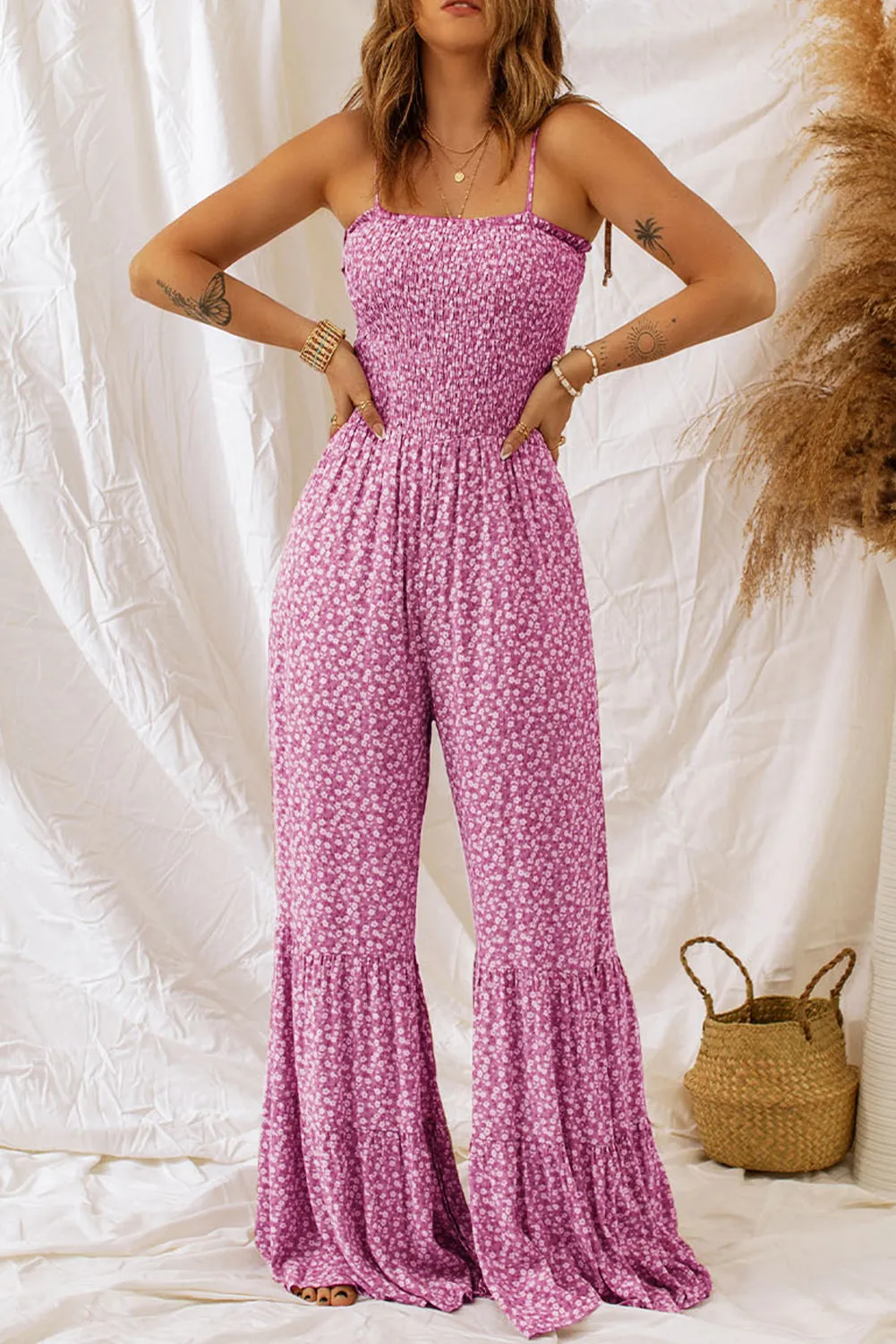 Dusk Blue Floral Print Spaghetti Straps Smocked Wide Leg Jumpsuit