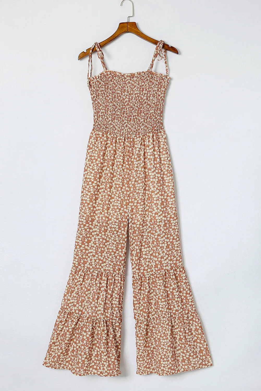 Dusk Blue Floral Print Spaghetti Straps Smocked Wide Leg Jumpsuit