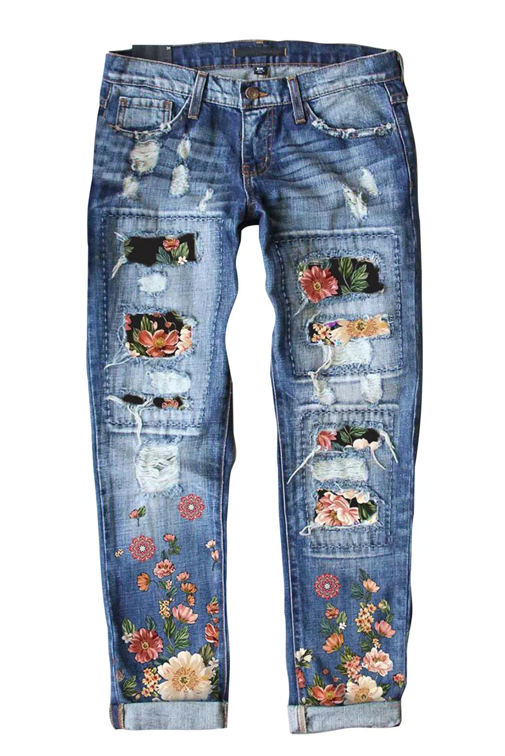 Floral Ripped Casual Patched Straight Mid Waist Jeans