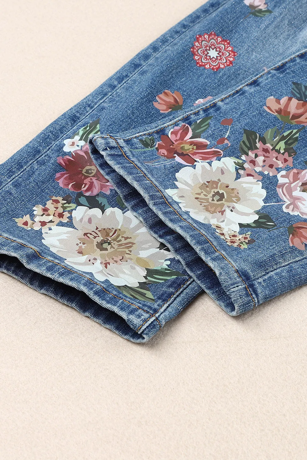 Floral Ripped Casual Patched Straight Mid Waist Jeans