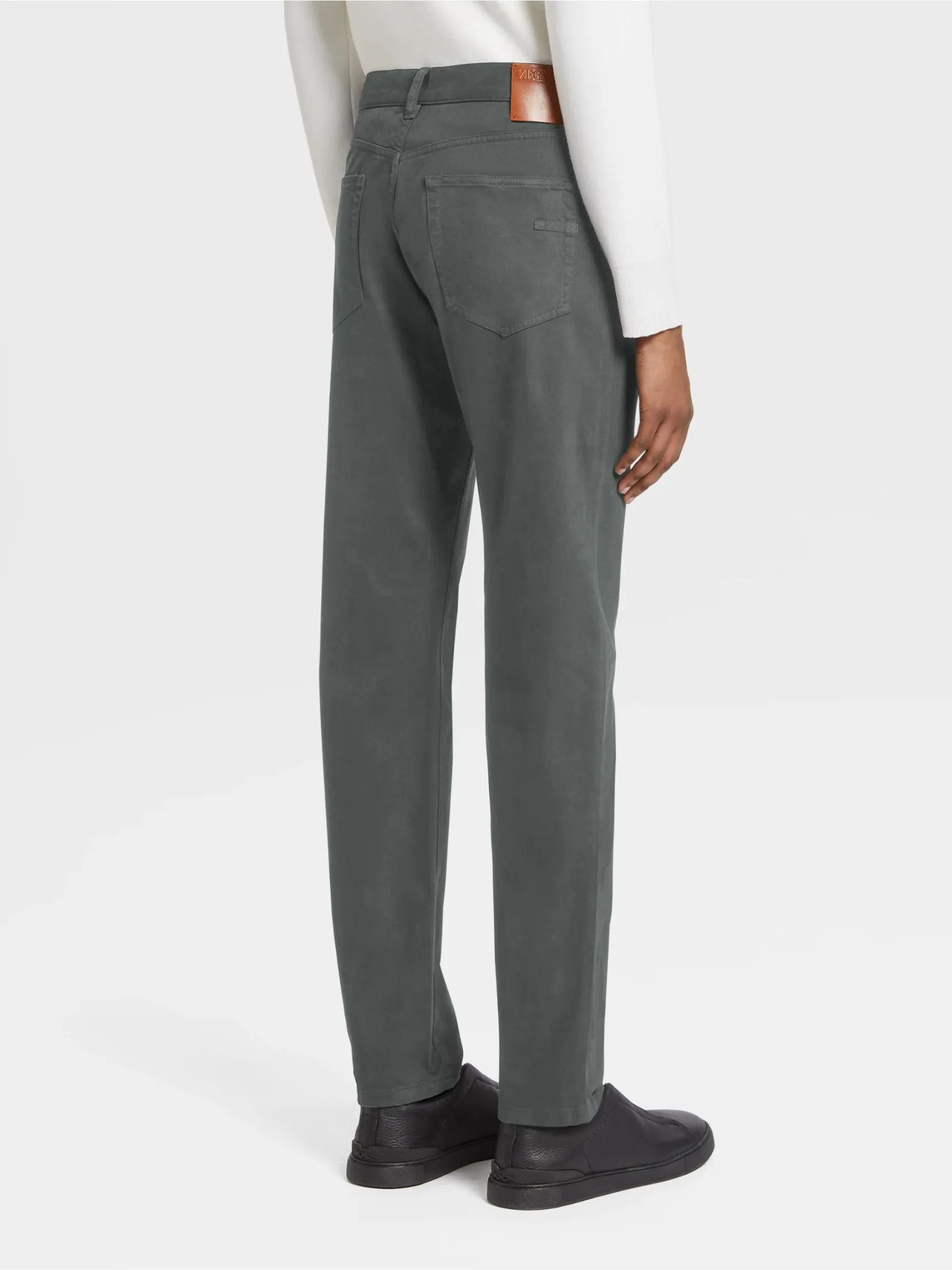 Grey Garment Dyed Stretch Cotton Gabardine 5-Pocket Jeans