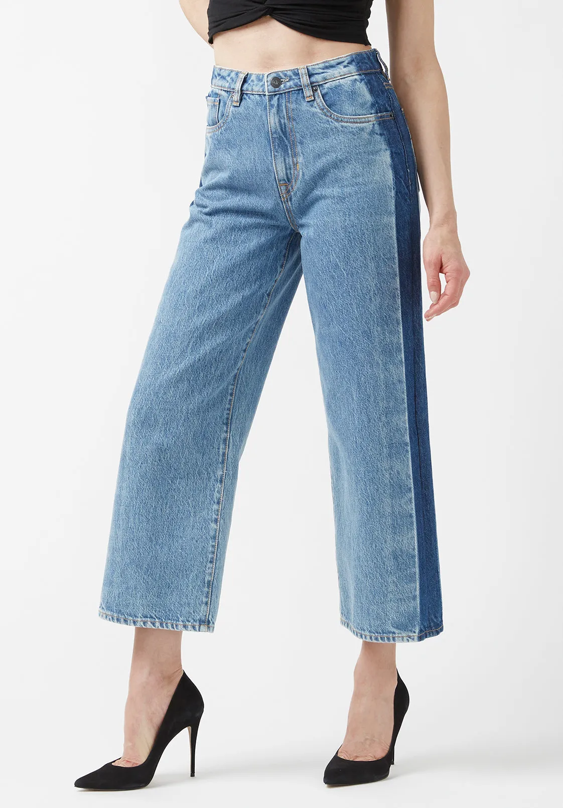 High Rise Wide Leg Addisson Women’s Cropped Jeans in Shadow Wash Blue - BL15896