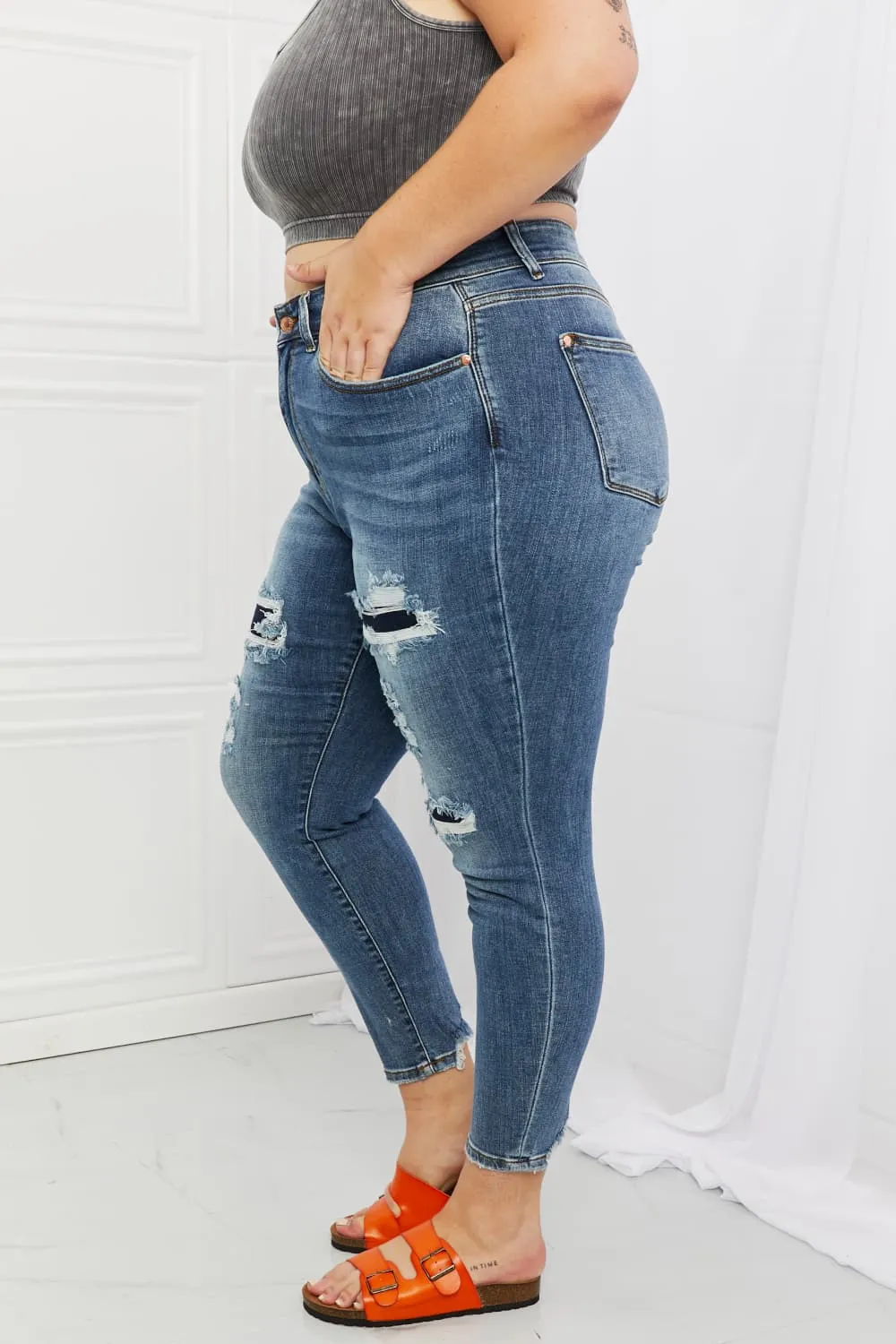 Judy Blue, Mid Rise Navy Blue Patched Destroy Relaxed Jeans