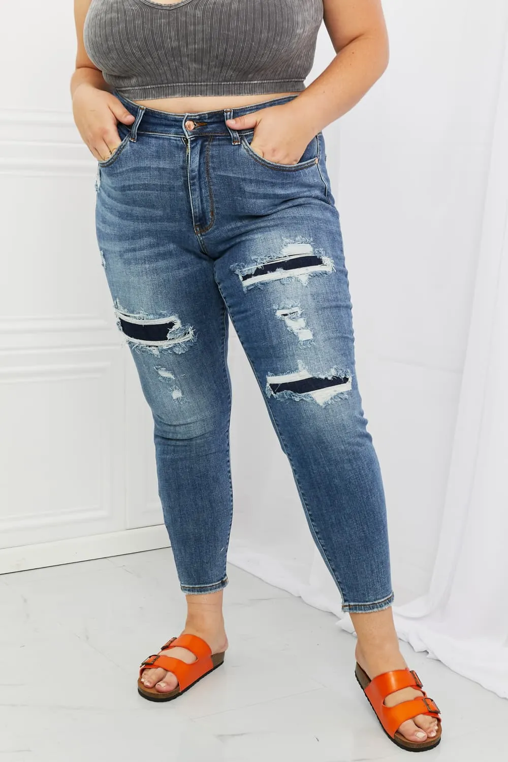 Judy Blue, Mid Rise Navy Blue Patched Destroy Relaxed Jeans