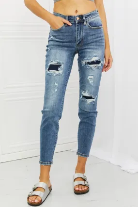 Judy Blue, Mid Rise Navy Blue Patched Destroy Relaxed Jeans