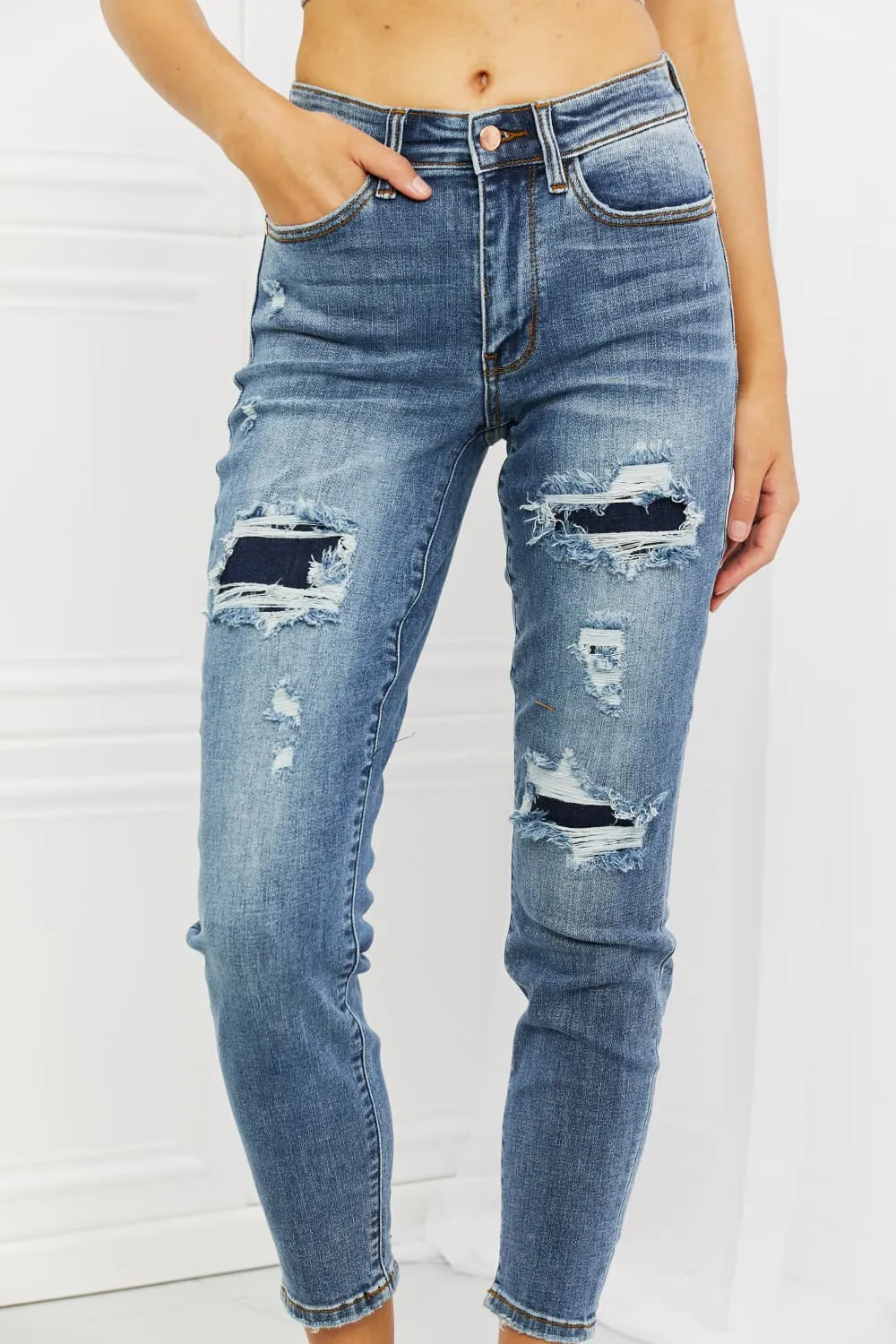 Judy Blue, Mid Rise Navy Blue Patched Destroy Relaxed Jeans