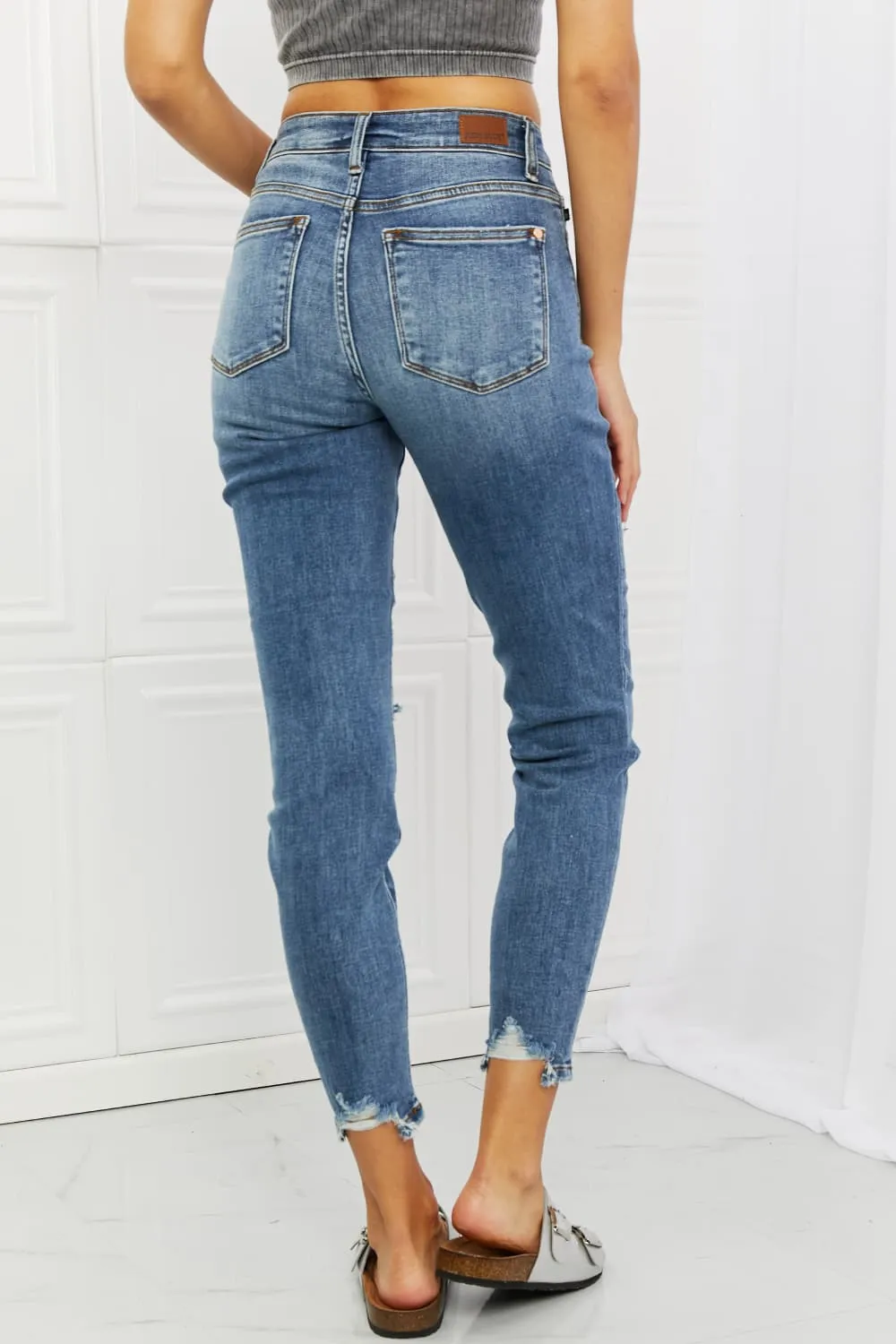 Judy Blue, Mid Rise Navy Blue Patched Destroy Relaxed Jeans