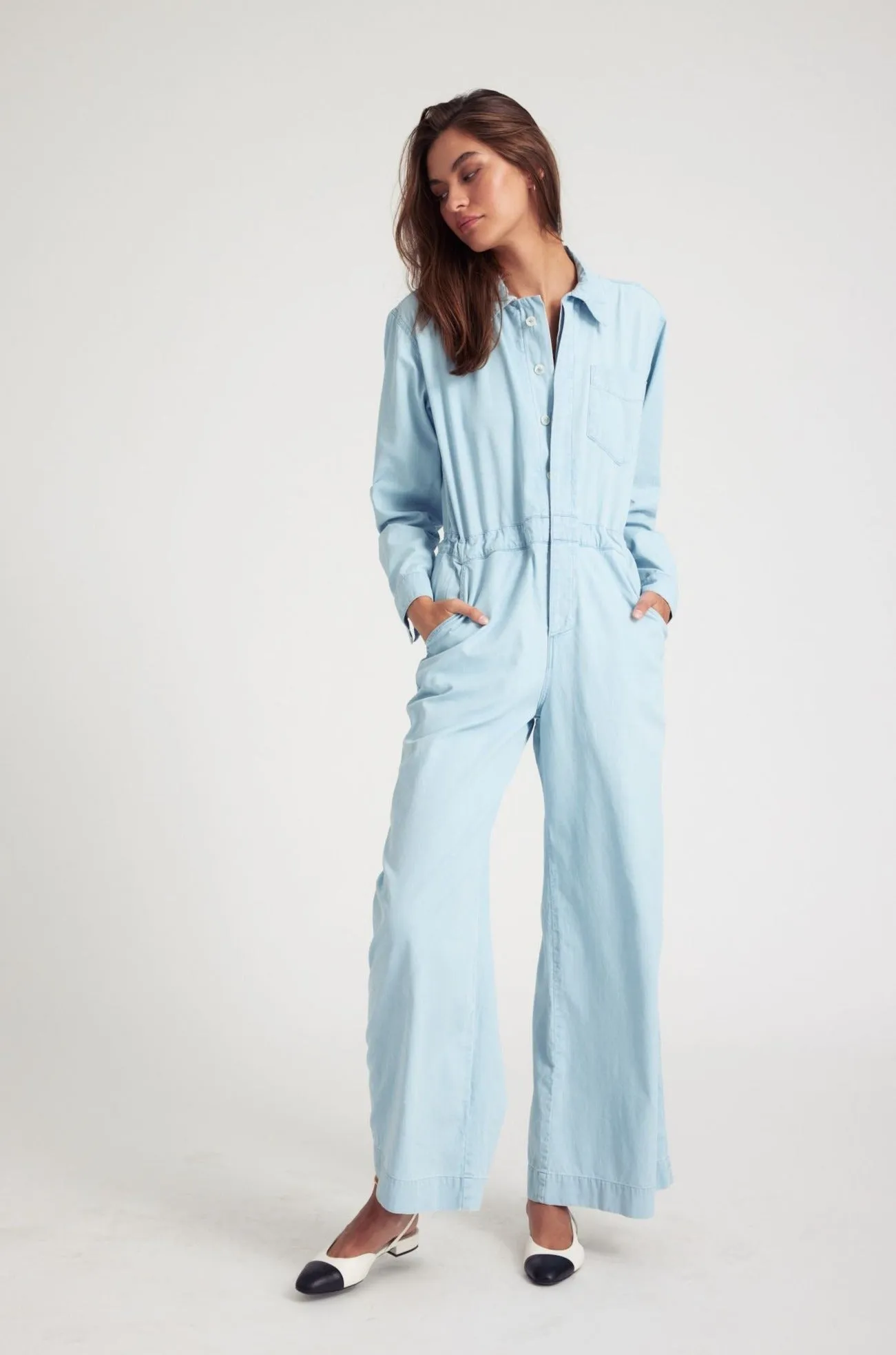 Light Blue Chambray Wide Leg Jumpsuit