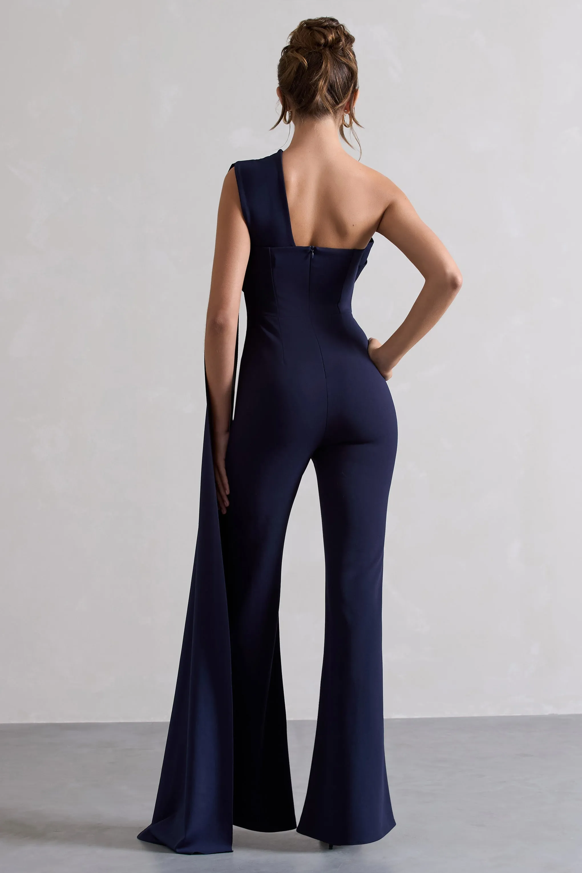 Lorah | Navy One Shoulder Wide-Leg Jumpsuit With Sash