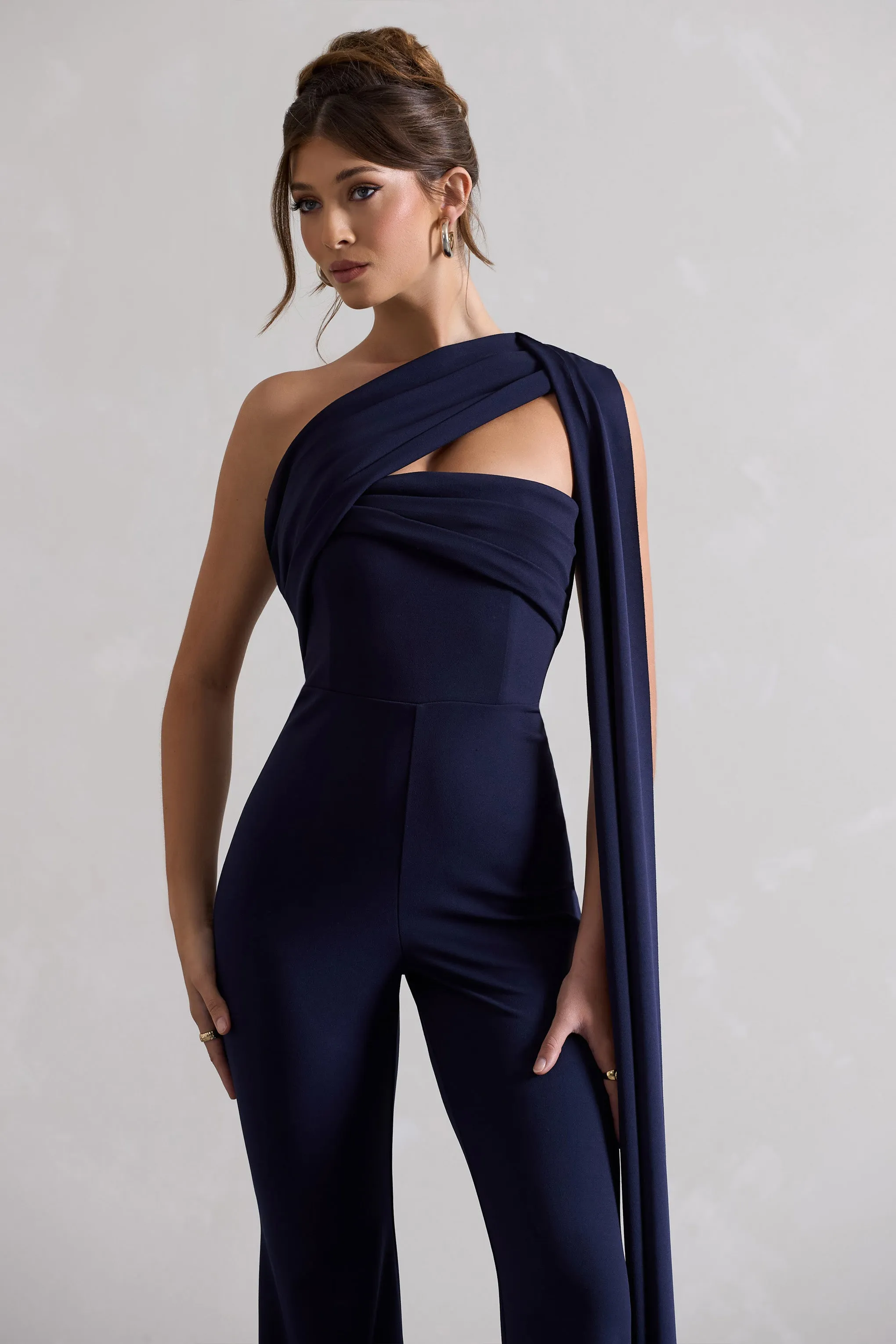 Lorah | Navy One Shoulder Wide-Leg Jumpsuit With Sash