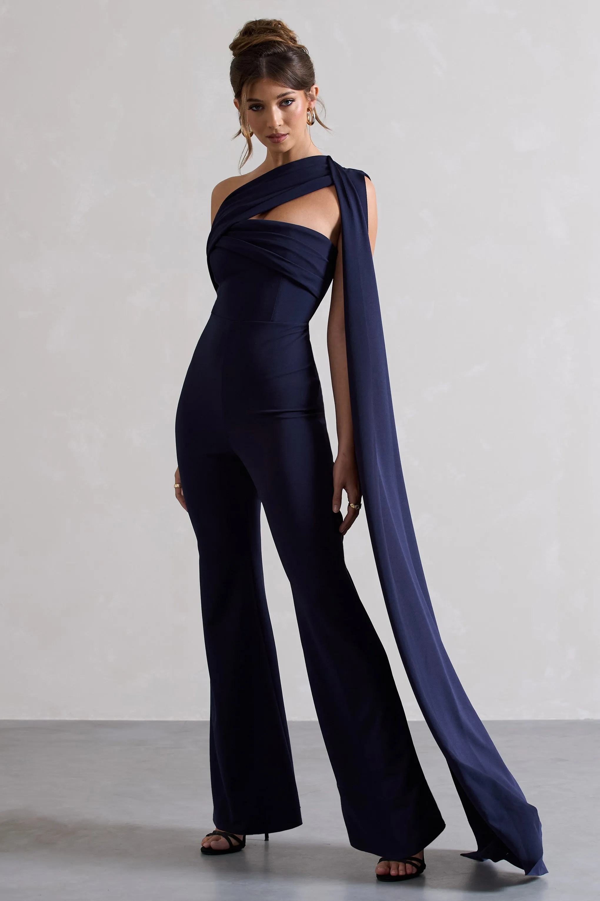 Lorah | Navy One Shoulder Wide-Leg Jumpsuit With Sash