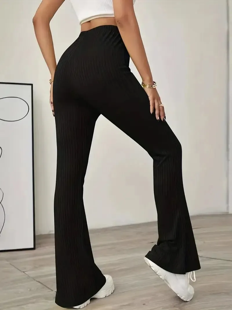 Pantalone Leggings Donna Casual Coste Tinta Unita Nero Elasticizzato Wide Leg Zampa