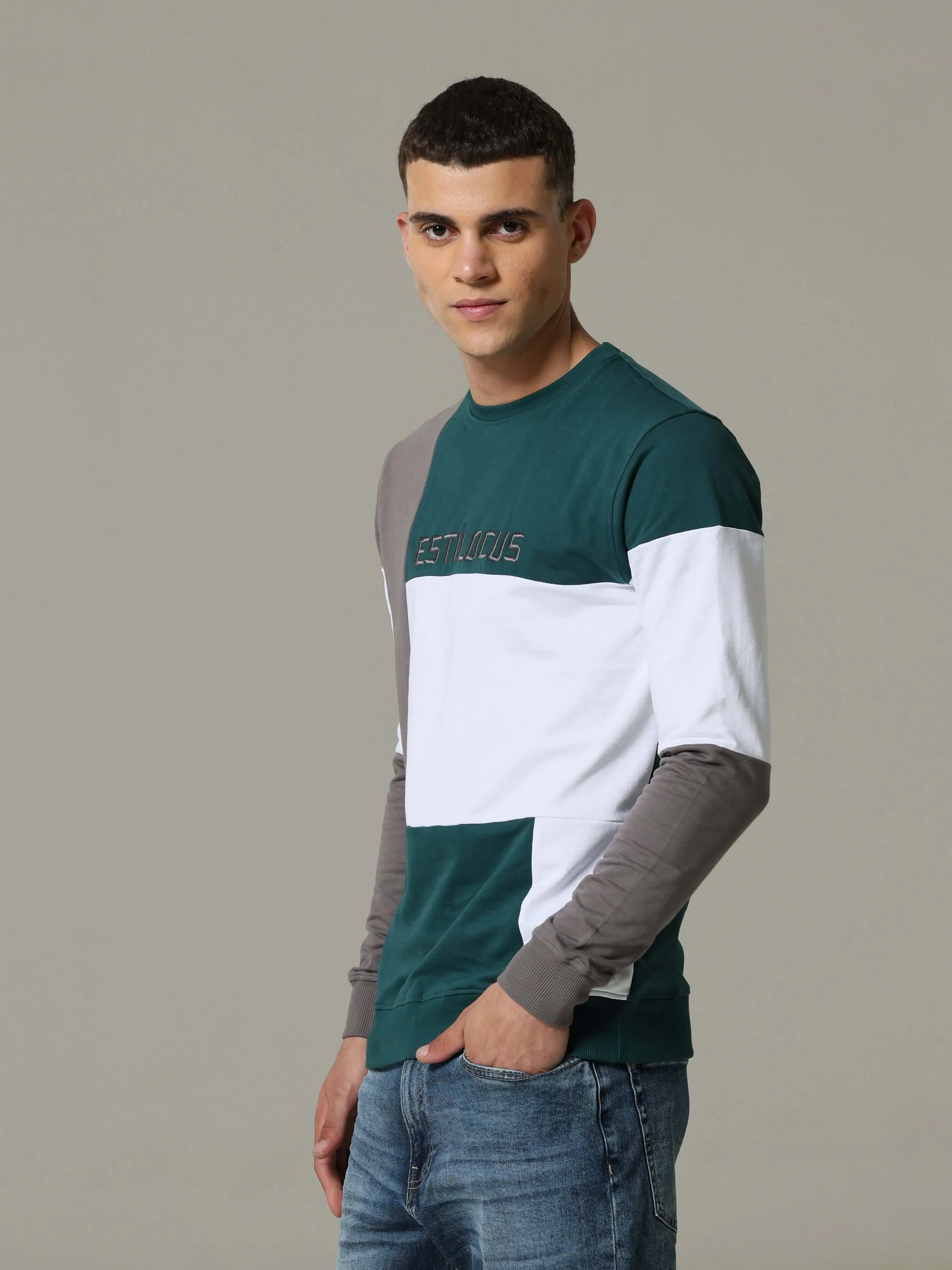 Patterned Crew Neck Teal Sweat Shirt