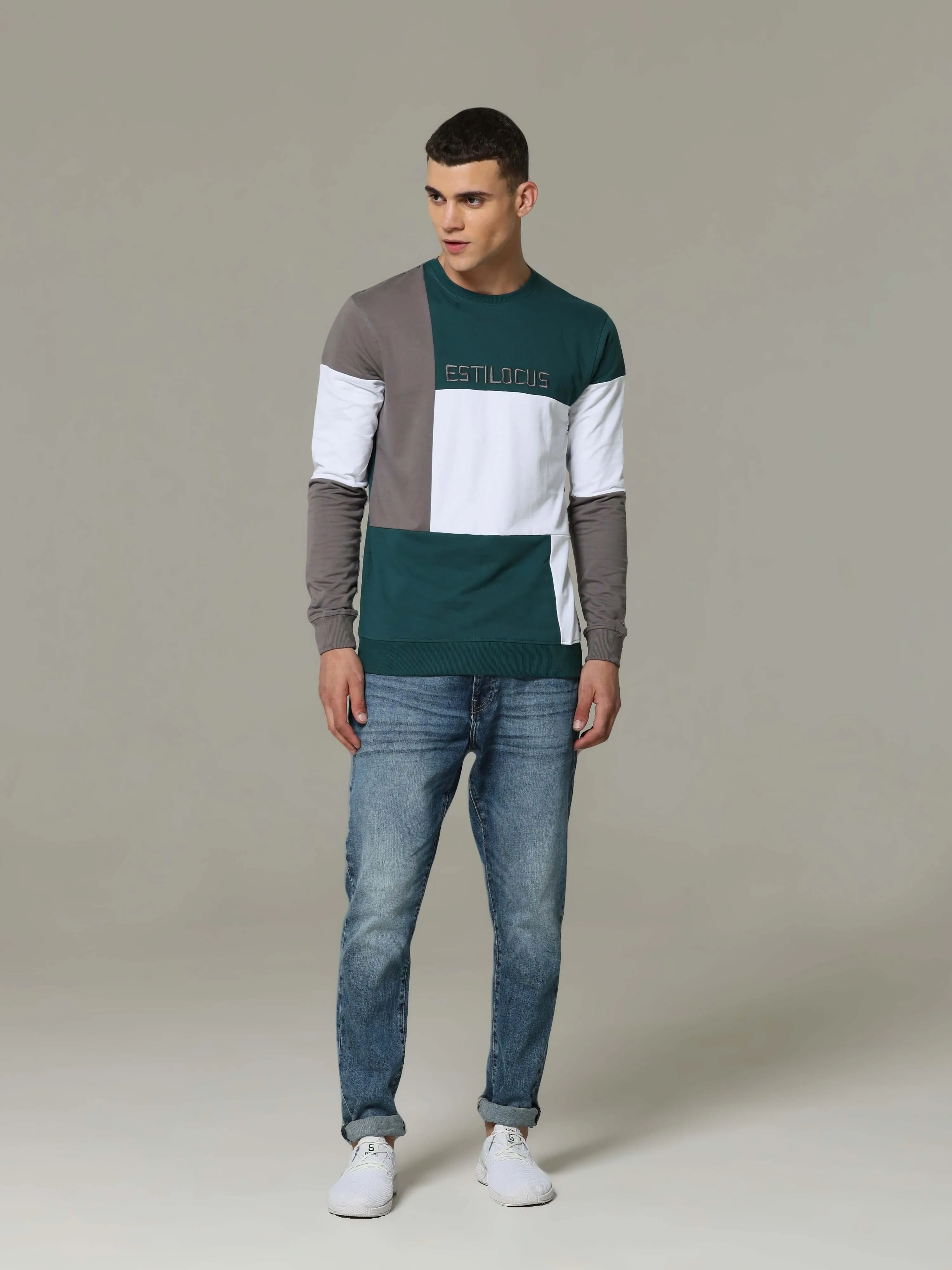 Patterned Crew Neck Teal Sweat Shirt