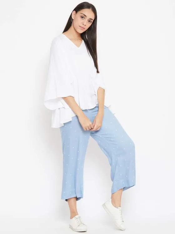 Pleated White Top With Powdered Blue Pants