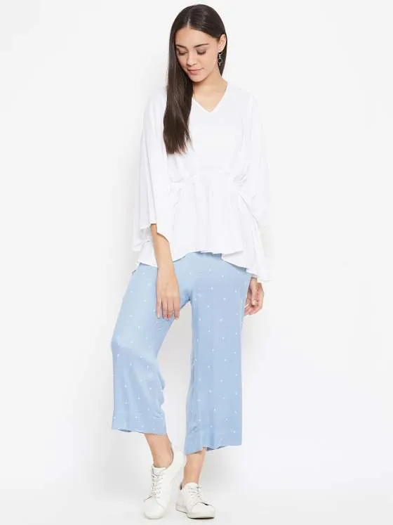 Pleated White Top With Powdered Blue Pants