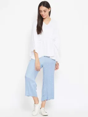 Pleated White Top With Powdered Blue Pants