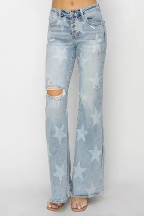 RISEN Flare-Jeans mit mittelhohem Bund und Knöpfen und Fly-Start-Print