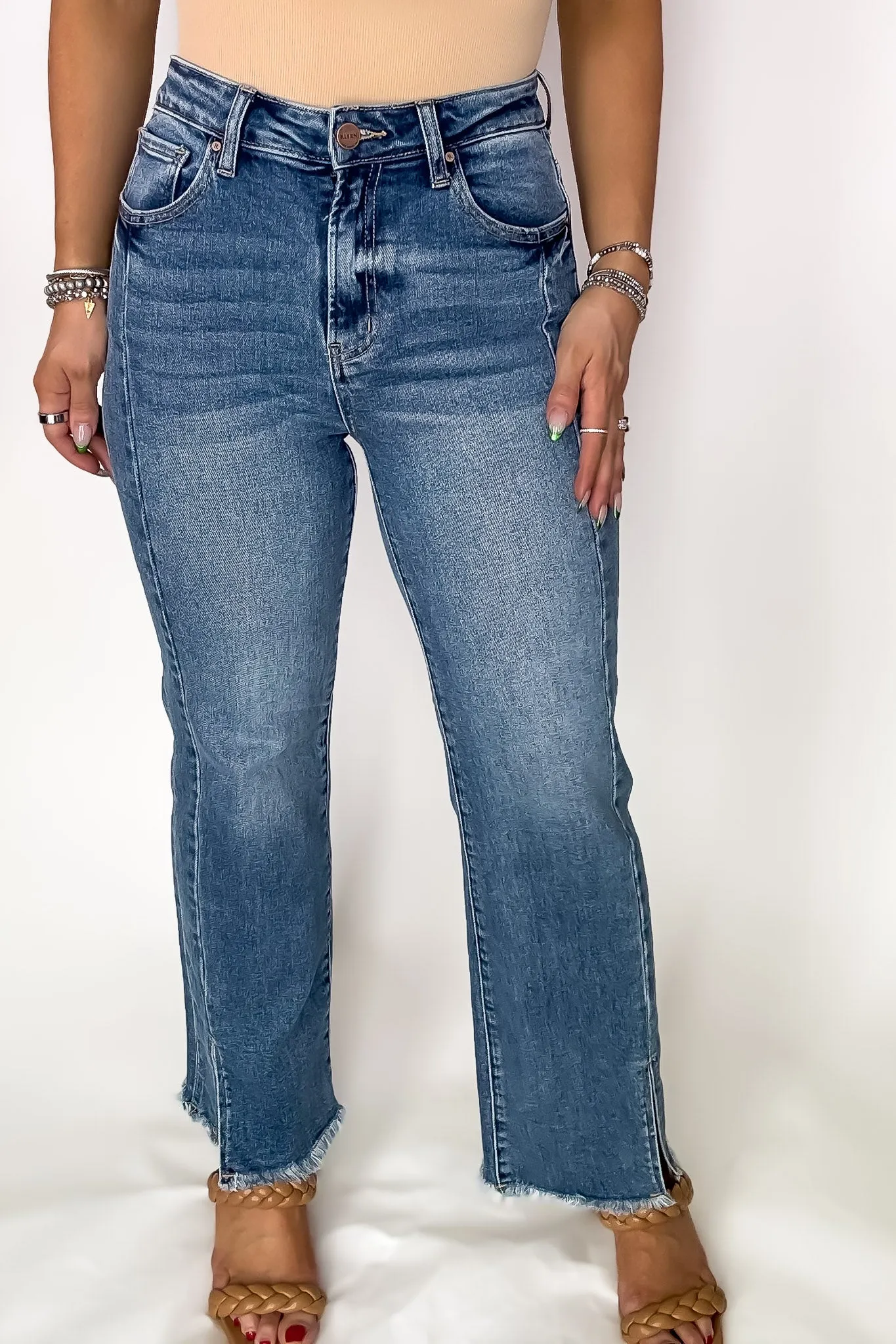 RISEN High Waist Raw Hem Slit Straight Jeans