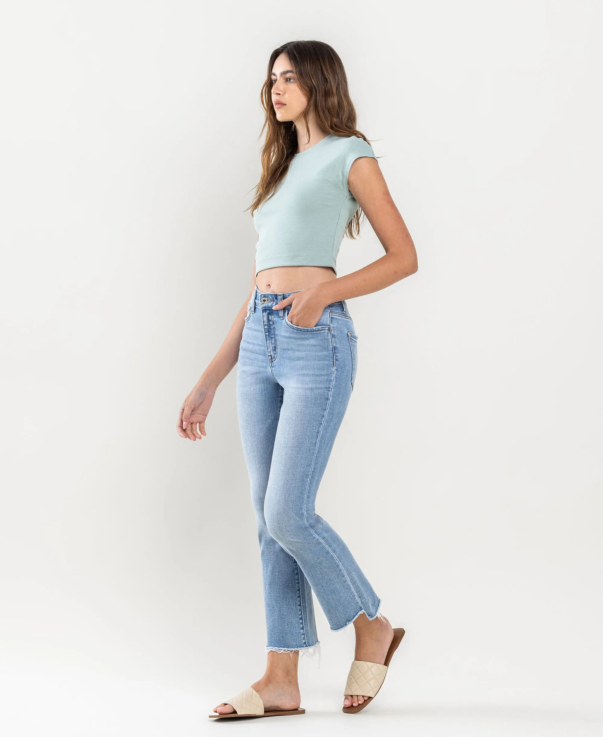 Striving - High Rise Raw Step Hem Crop Flare Jeans