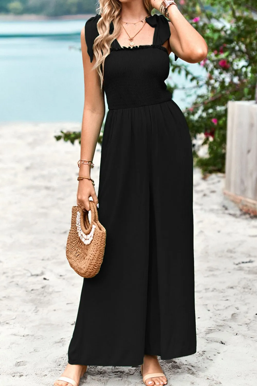 Sunset and Swim Frill Trim Tie Shoulder Wide Leg Jumpsuit with Pockets