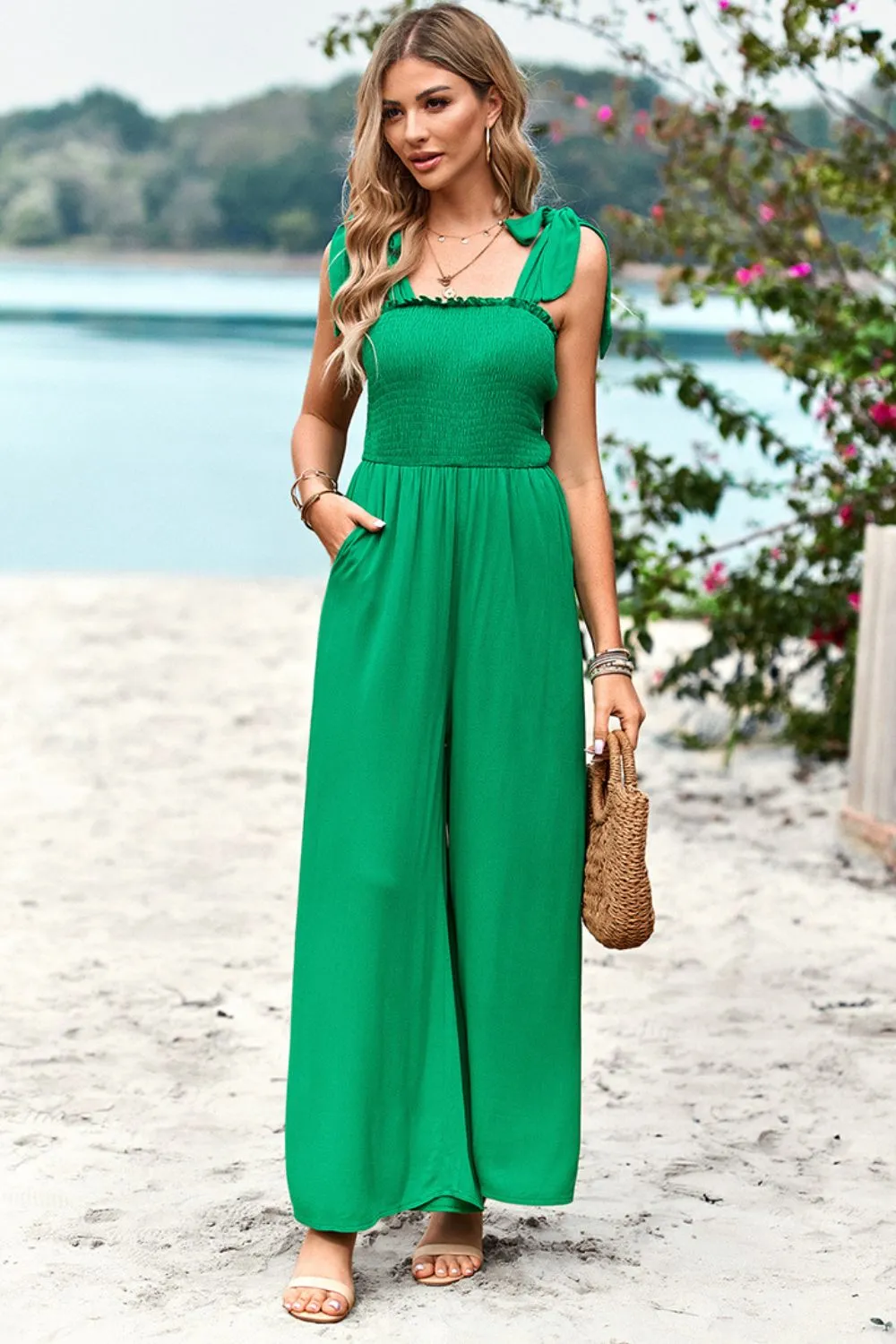 Sunset and Swim Frill Trim Tie Shoulder Wide Leg Jumpsuit with Pockets