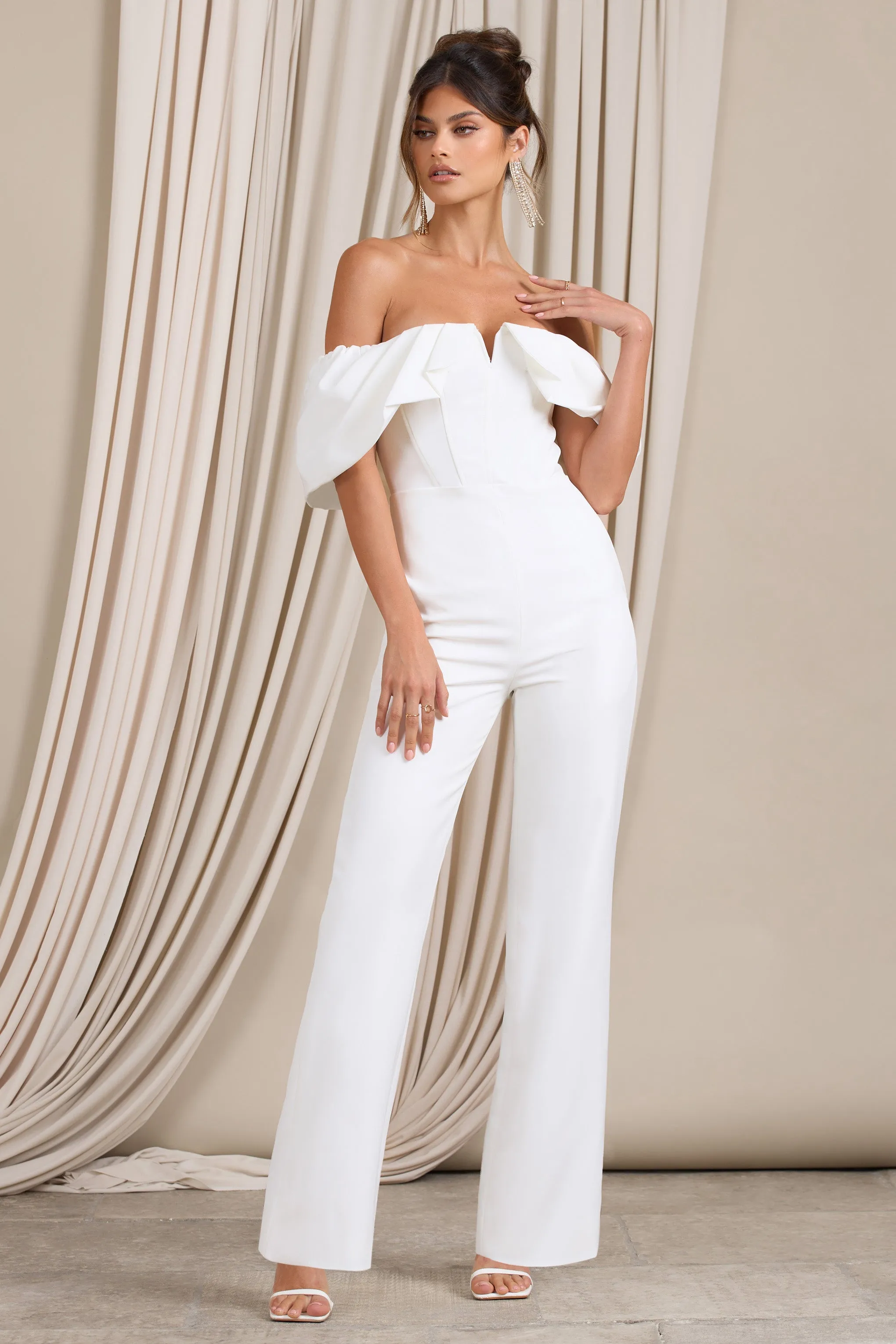 Time Will Tell | White Off The Shoulder Wide Leg Jumpsuit