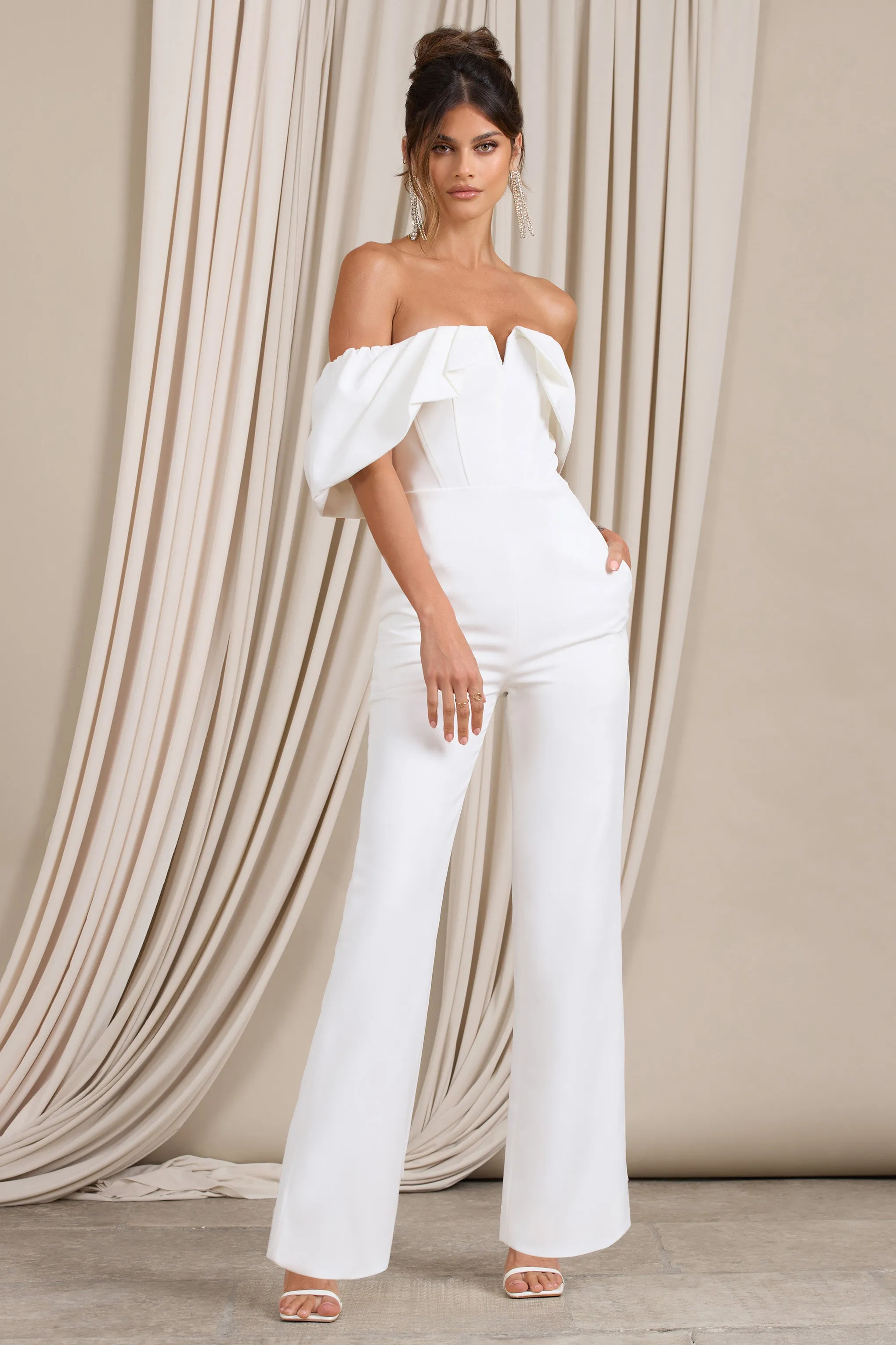 Time Will Tell | White Off The Shoulder Wide Leg Jumpsuit