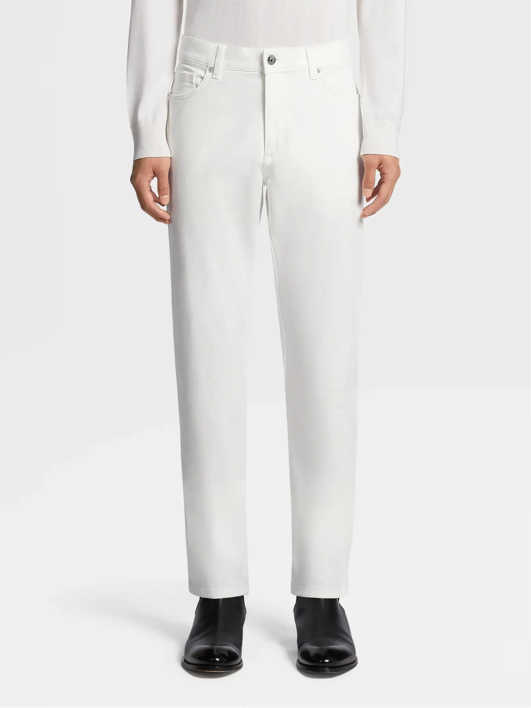 White Garment Dyed Stretch Cotton Gabardine 5-Pocket Jeans