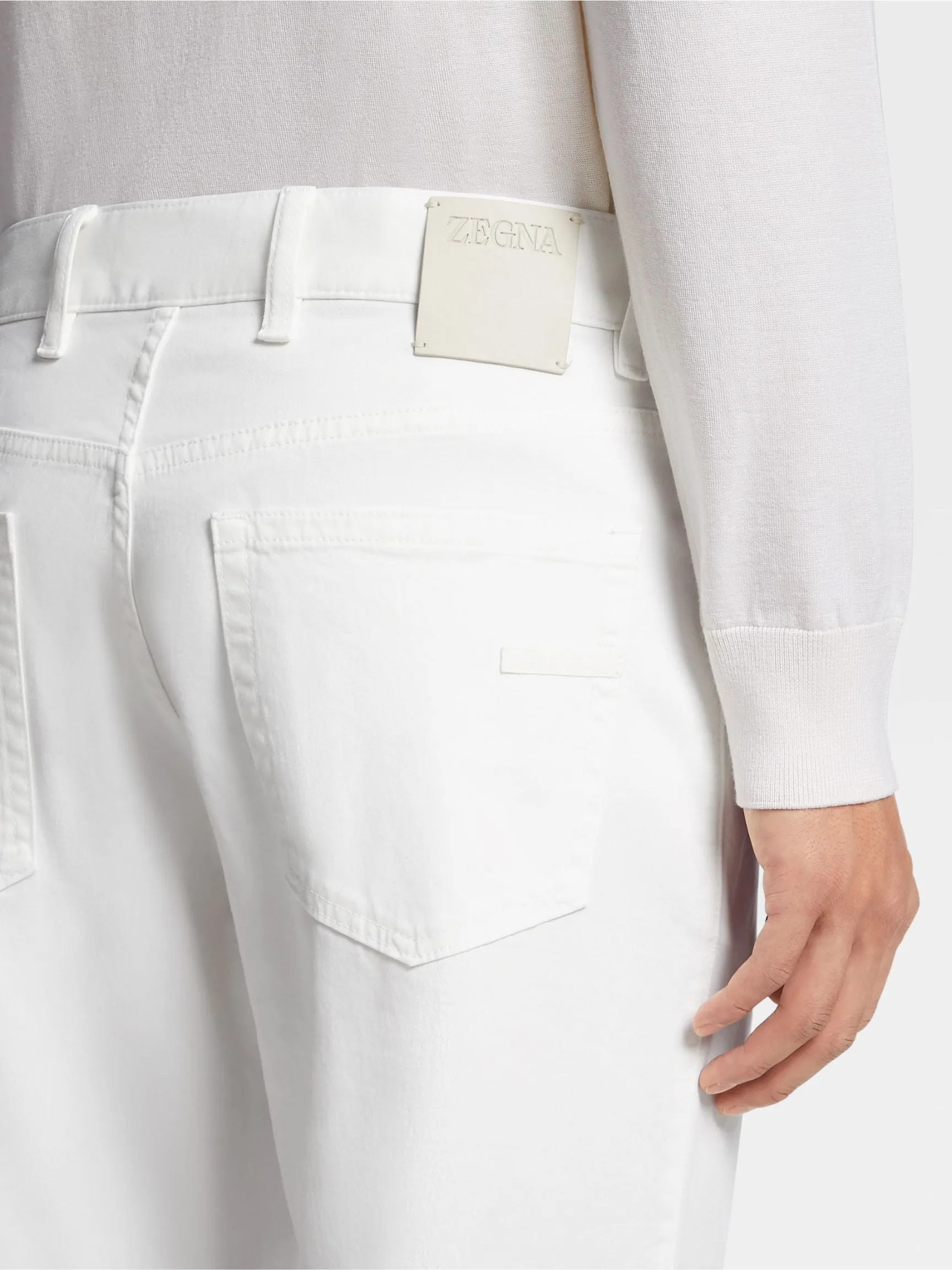 White Garment Dyed Stretch Cotton Gabardine 5-Pocket Jeans