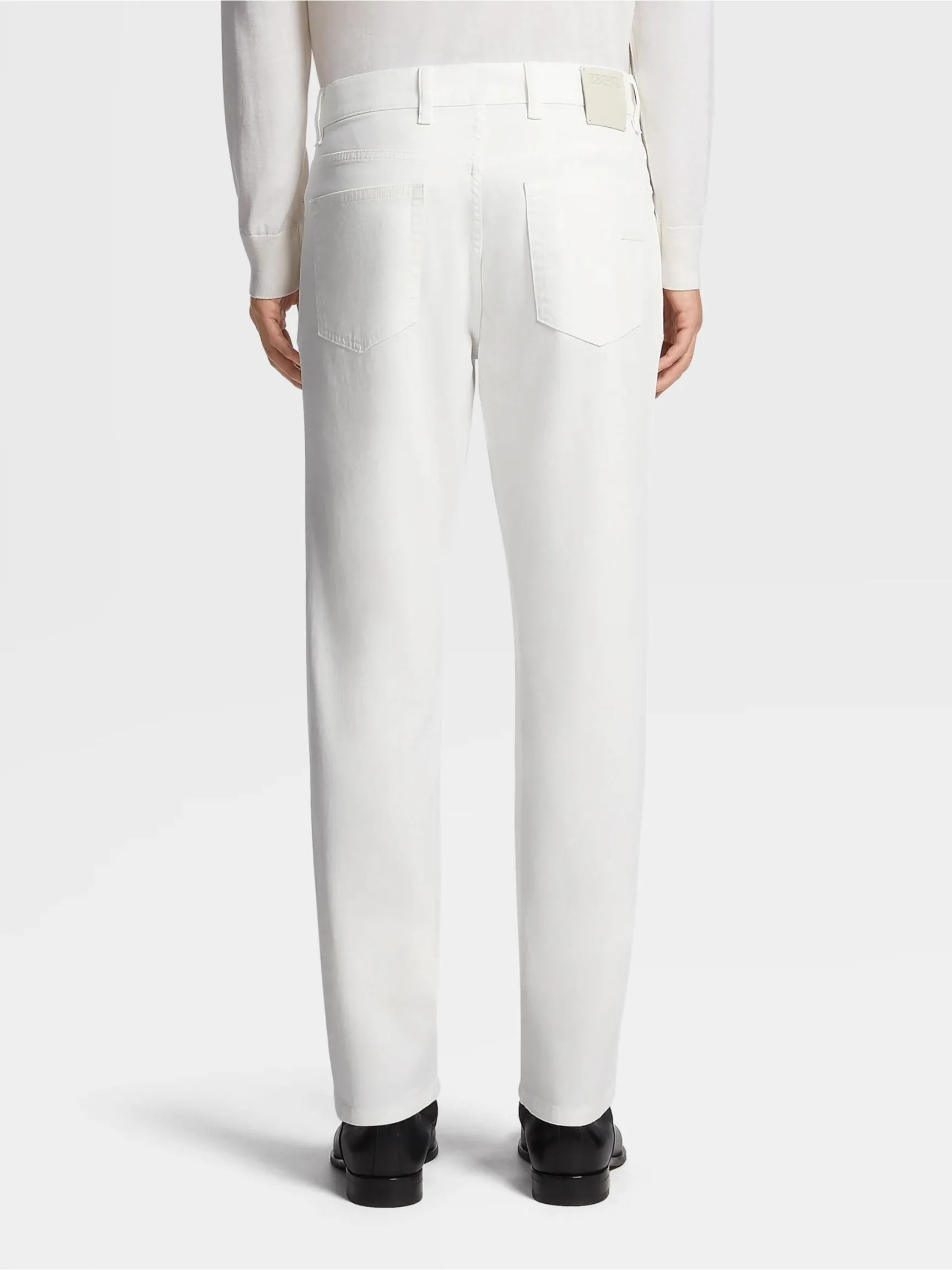 White Garment Dyed Stretch Cotton Gabardine 5-Pocket Jeans