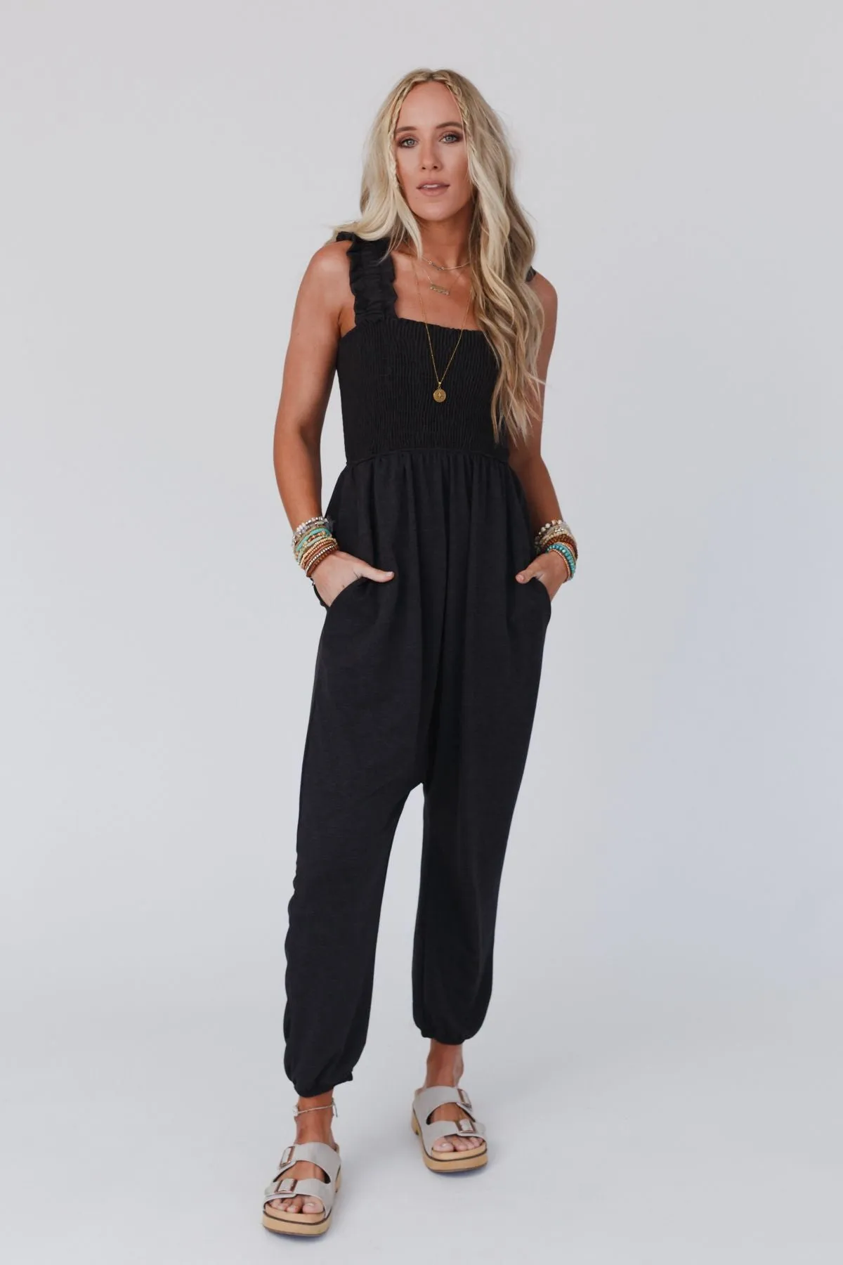 Willow Smocked Harem Jumpsuit - Charcoal